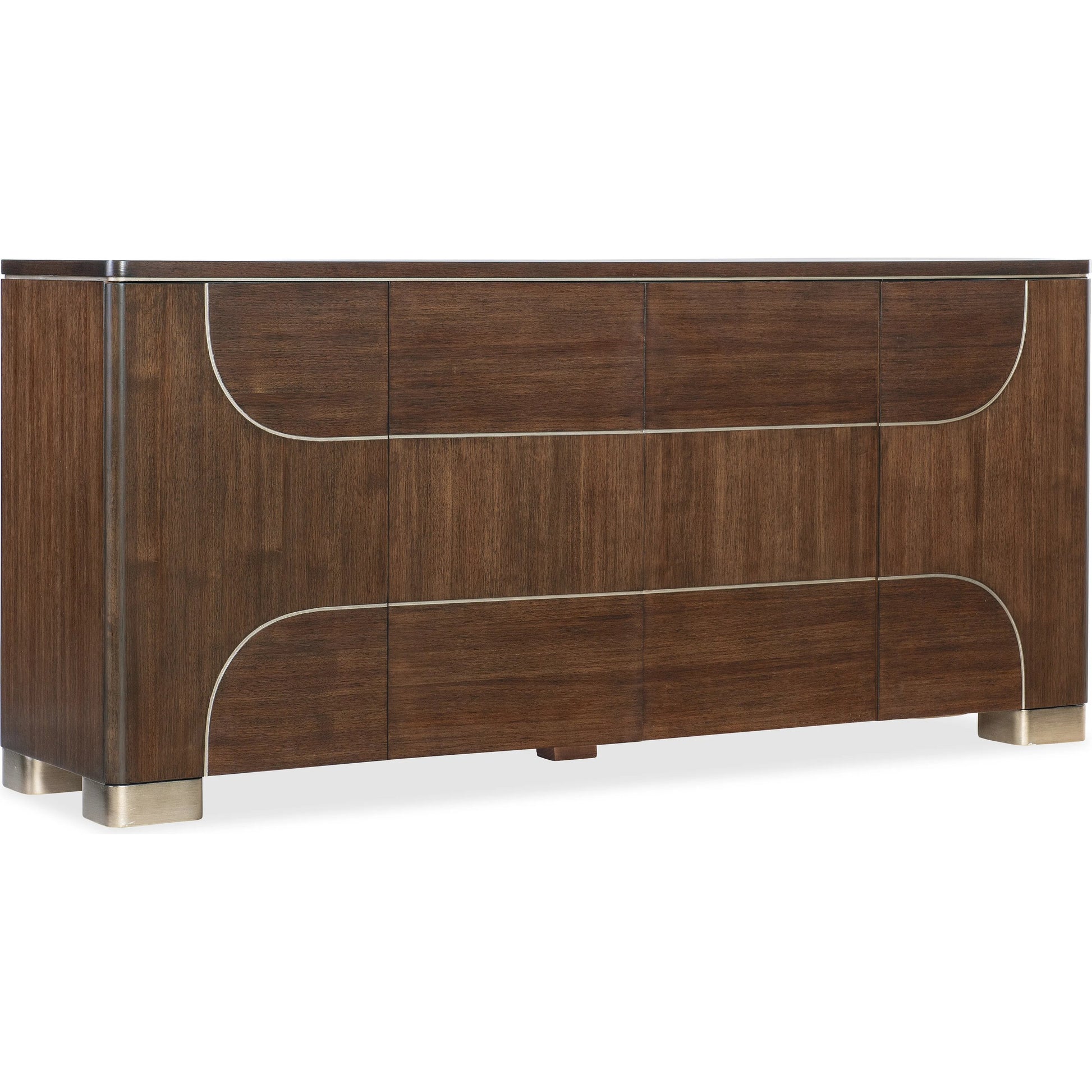 Melange Contours Credenza by Hooker Furniture in dark wood and walnut. Made from unique in a modern style.