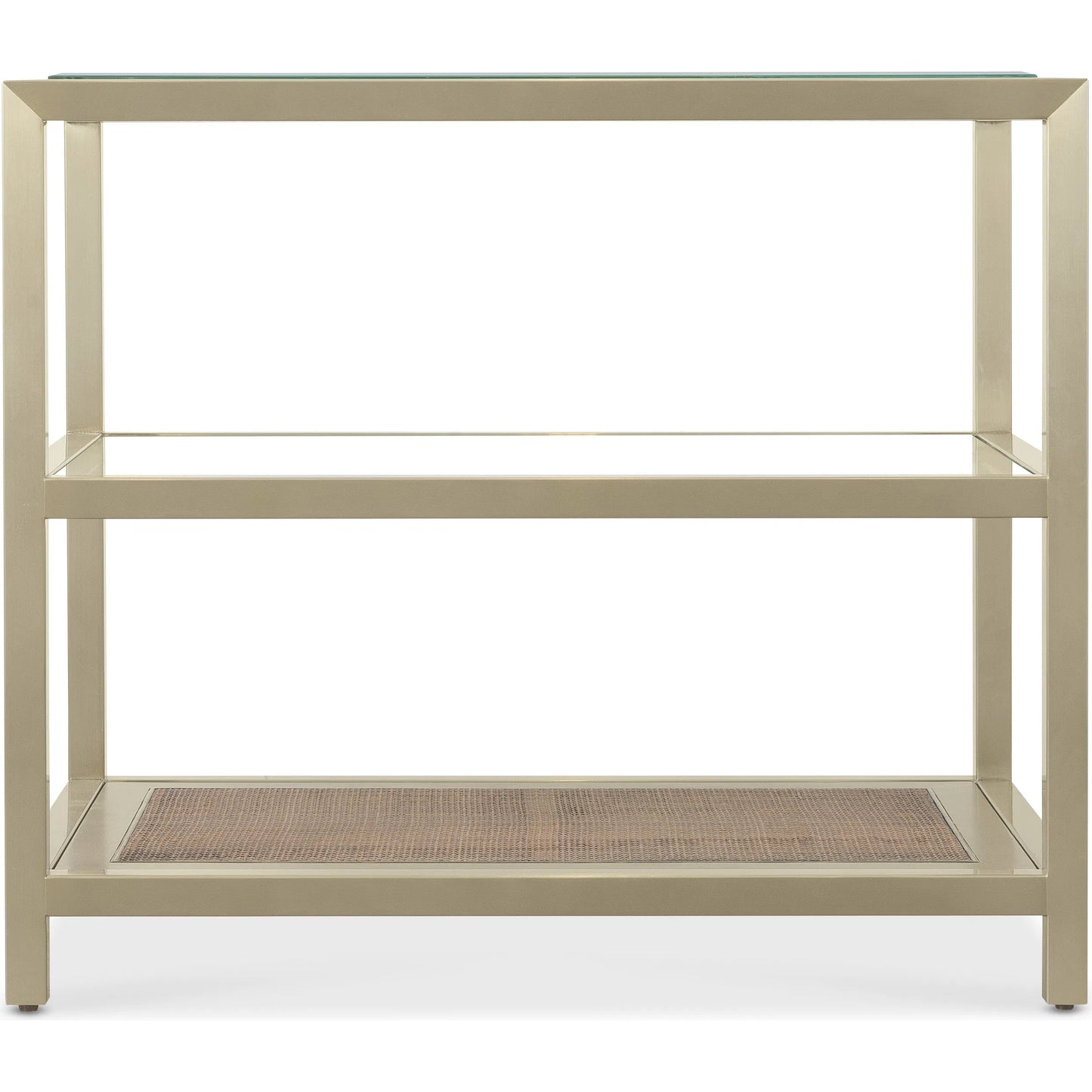 002 SI-2353997 | Additional Silo | Melange End Table by Hooker Furniture in silver. Made from steel, glass top, cane with wooden frame in a modern style.