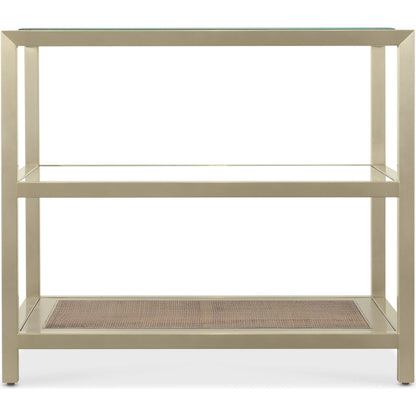 Melange End Table by Hooker Furniture in silver. Made from steel, glass top, cane with wooden frame in a modern style.