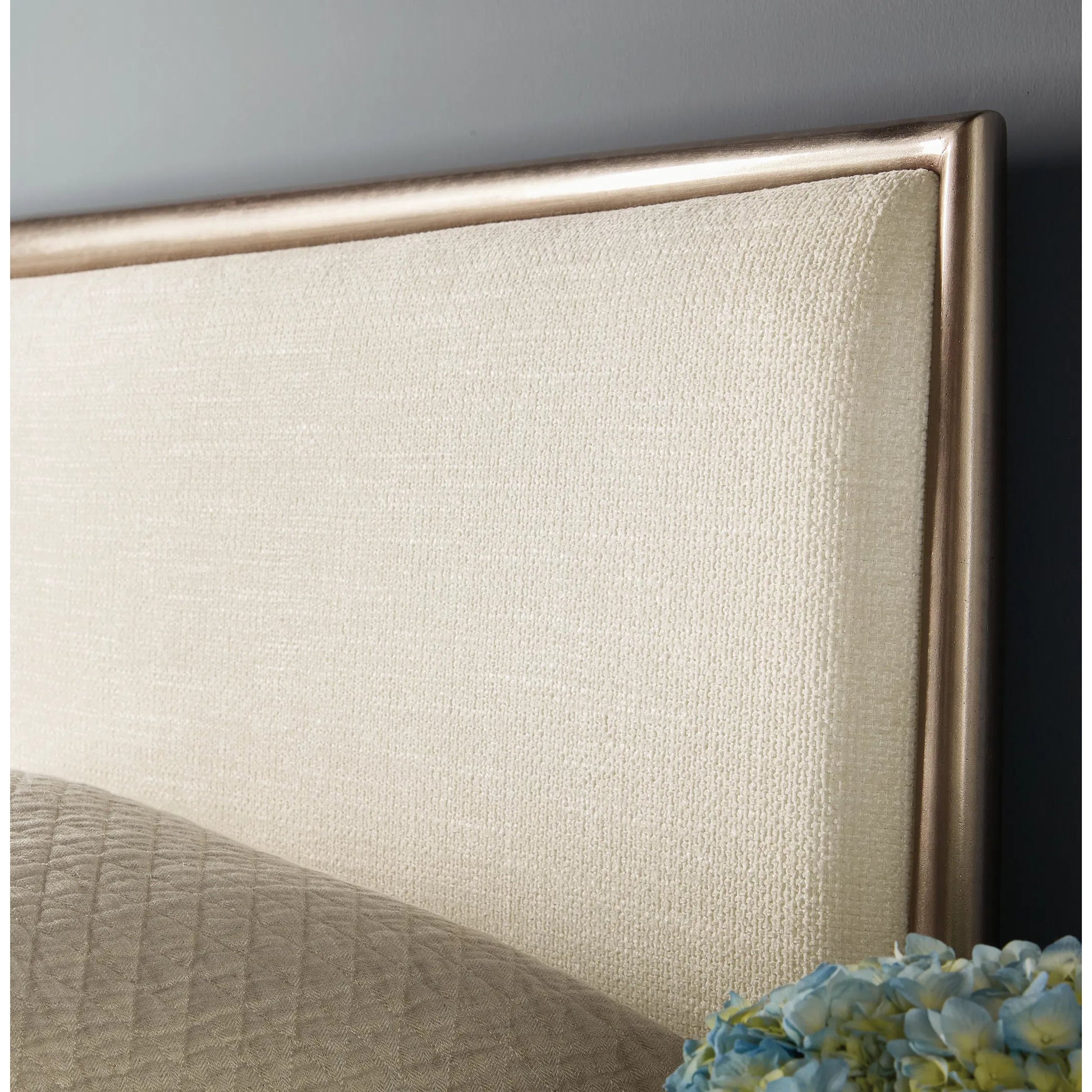 Westwood Upholstered Metal Bed by Hooker Furniture in trendy snow and plated radiance. Made from wood, metal, fabric in a transitional style.