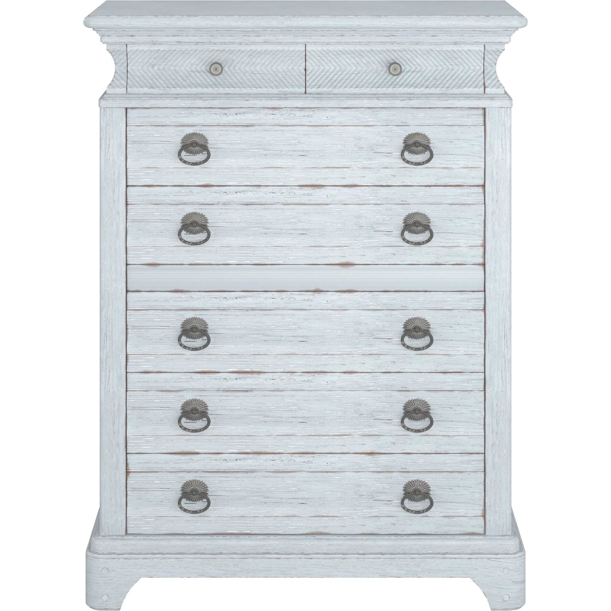 Summer Creek 8 Drawer Chest by A.R.T. Furniture in shutter blue. Made from flakey cathedral oak veneer, parawood solids in a cottage & farmhouse style.