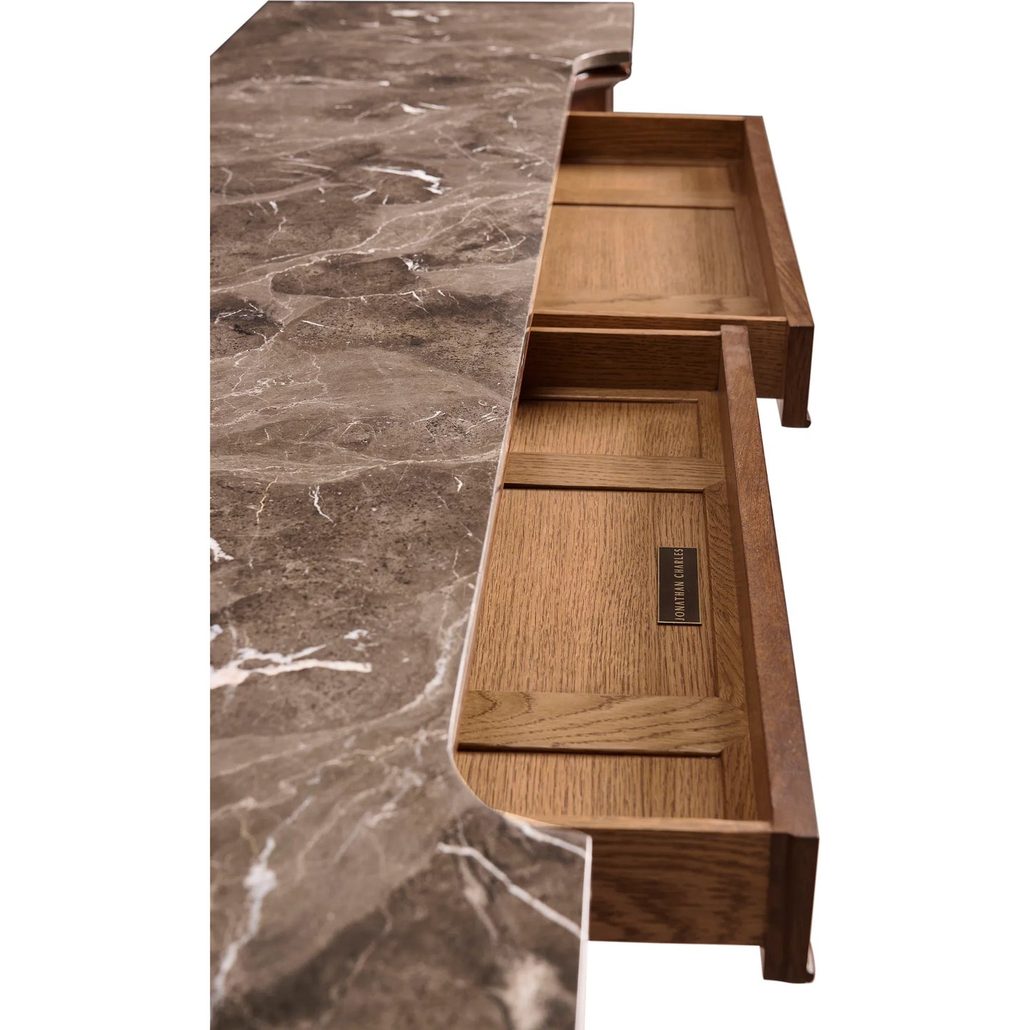005 SI-2535725 | Closeup | Hattie Mirrored Console Table by Jonathan Charles in medium crotch walnut. Made from main cerejeira veneer in a unique style.