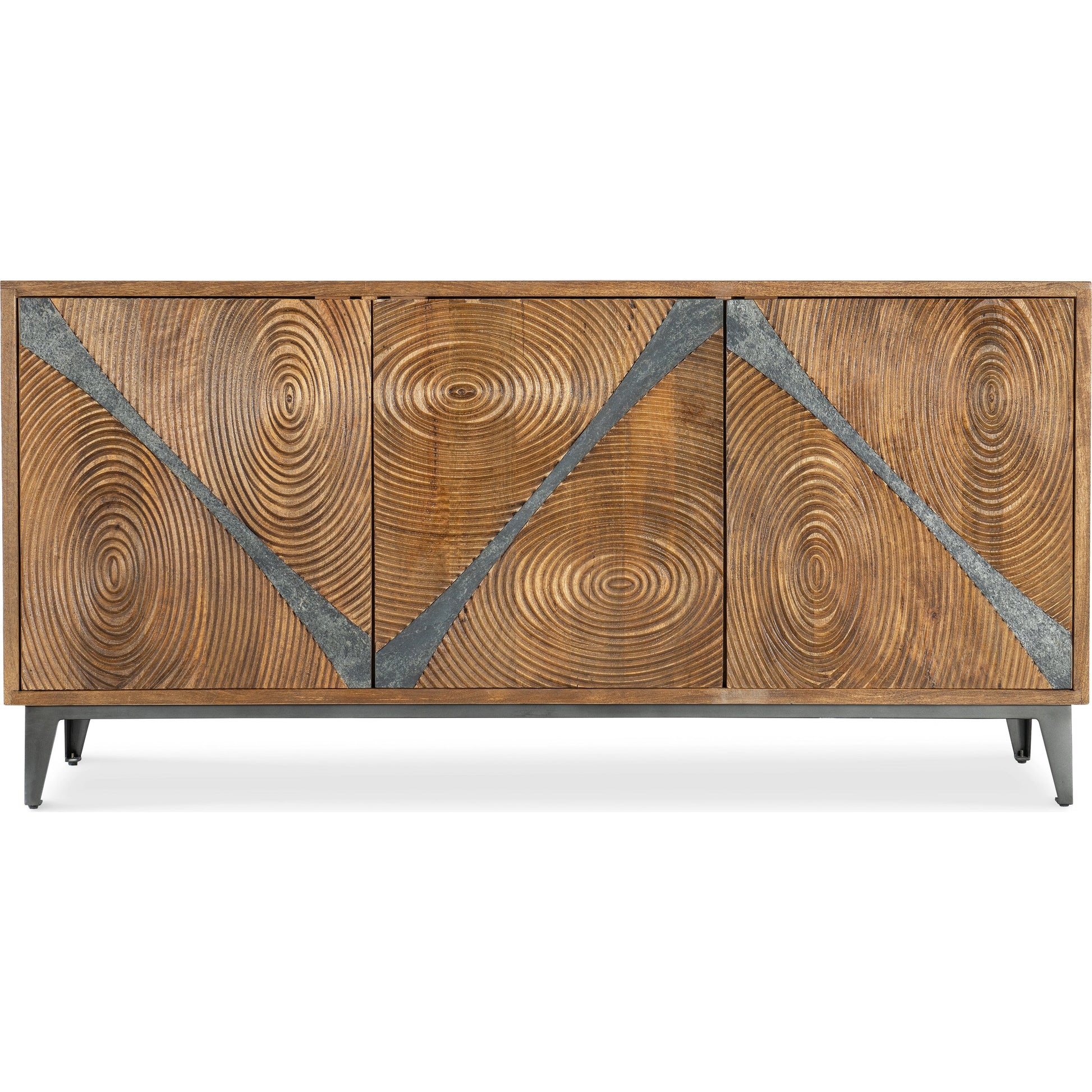 Commerce & Market Vortex Credenza by Hooker Furniture in medium wood, gray slate. Made from mango solids, iron in a unique style.