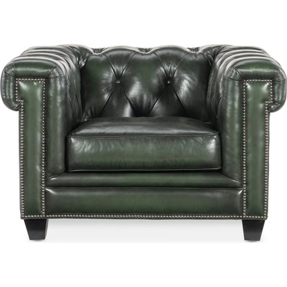 Charleston Tufted Chair by Hooker Furniture in sarzana portal and black. Made from leather, sarzana portal (finished, wipe off, top grain with splits) in a transitional style.