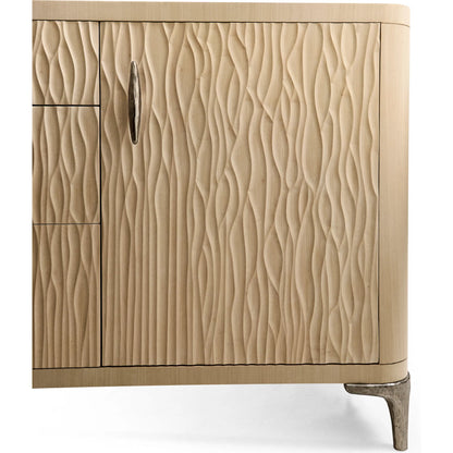 Water Breaker Mixed Media Credenza by Jonathan Charles in beige and ash blonde. Made from dyed koto veneer, bone, leather, metal in a transitional style.
