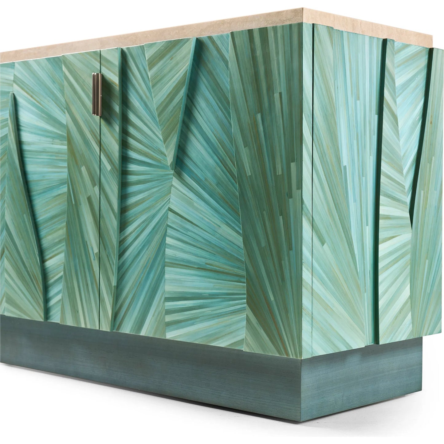 011 SI-2252659 | Closeup | Seaglass Entertainment Console by Jonathan Charles in blue and blue straw. Made from straw, marble, stainless steel, koto veneer in a eclectic & global style.