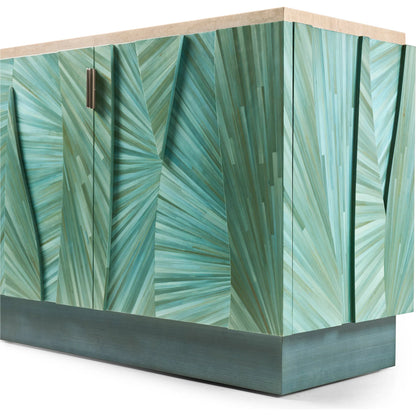 Seaglass Entertainment Console by Jonathan Charles in blue and blue straw. Made from straw, marble, stainless steel, koto veneer in a eclectic & global style.