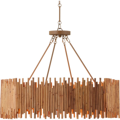 Teahouse Chandelier by Currey and Company in natural, khaki. Made from rattan, wrought iron in a modern style.