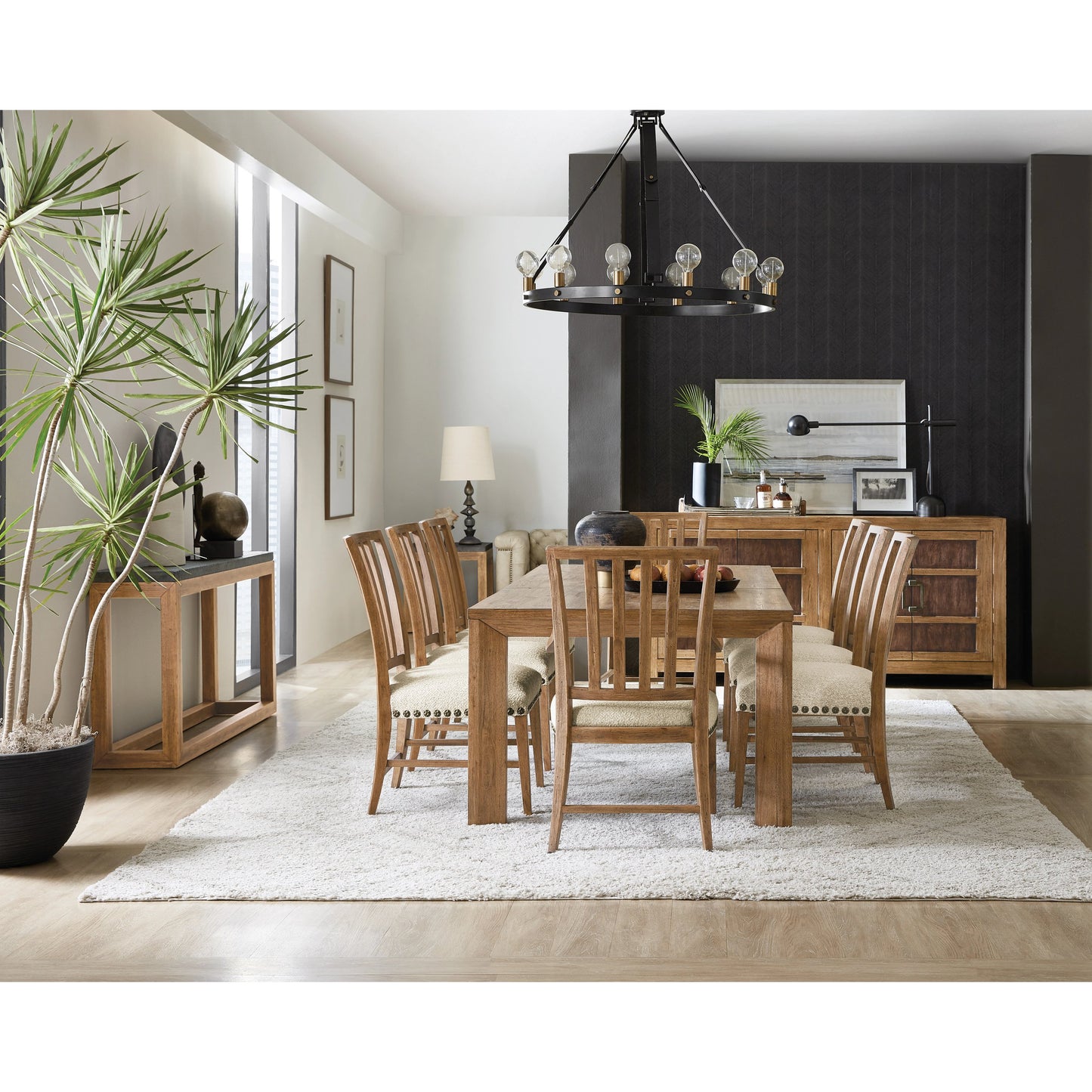 003 SI-1959497 | Lifestyle | Big Sky Buffet by Hooker Furniture in vintage natural. Made from pecky hickory veneers, solid-wood edged top in a modern style.