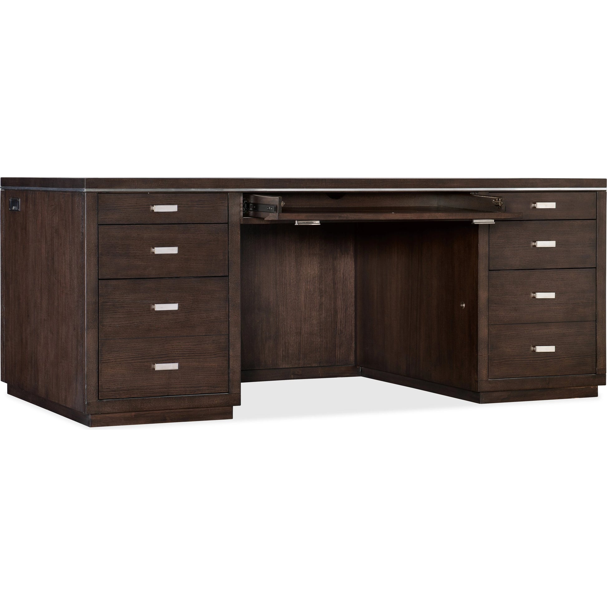 House Blend Executive Desk by Hooker Furniture in dark roast. Made from quartered ash veneers, metal in a transitional style.