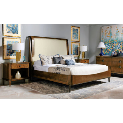 Toulouse Upholstered Bed by Jonathan Charles in walnut. Made from walnut quarter figured veneer in a modern style.