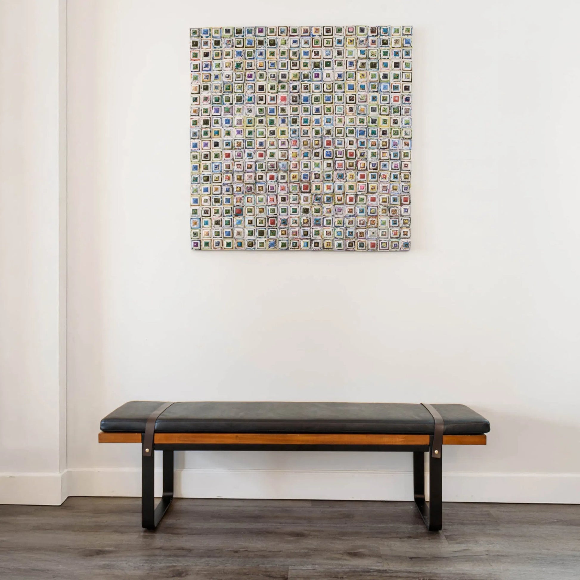 Brooklyn Dining Bench by LH Imports in black pu leather and java yellow, black power coated. Made from black pu leather in a rustic style.