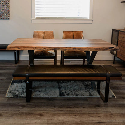 Brooklyn Dining Bench by LH Imports in black pu leather and java yellow, black power coated. Made from black pu leather in a rustic style.