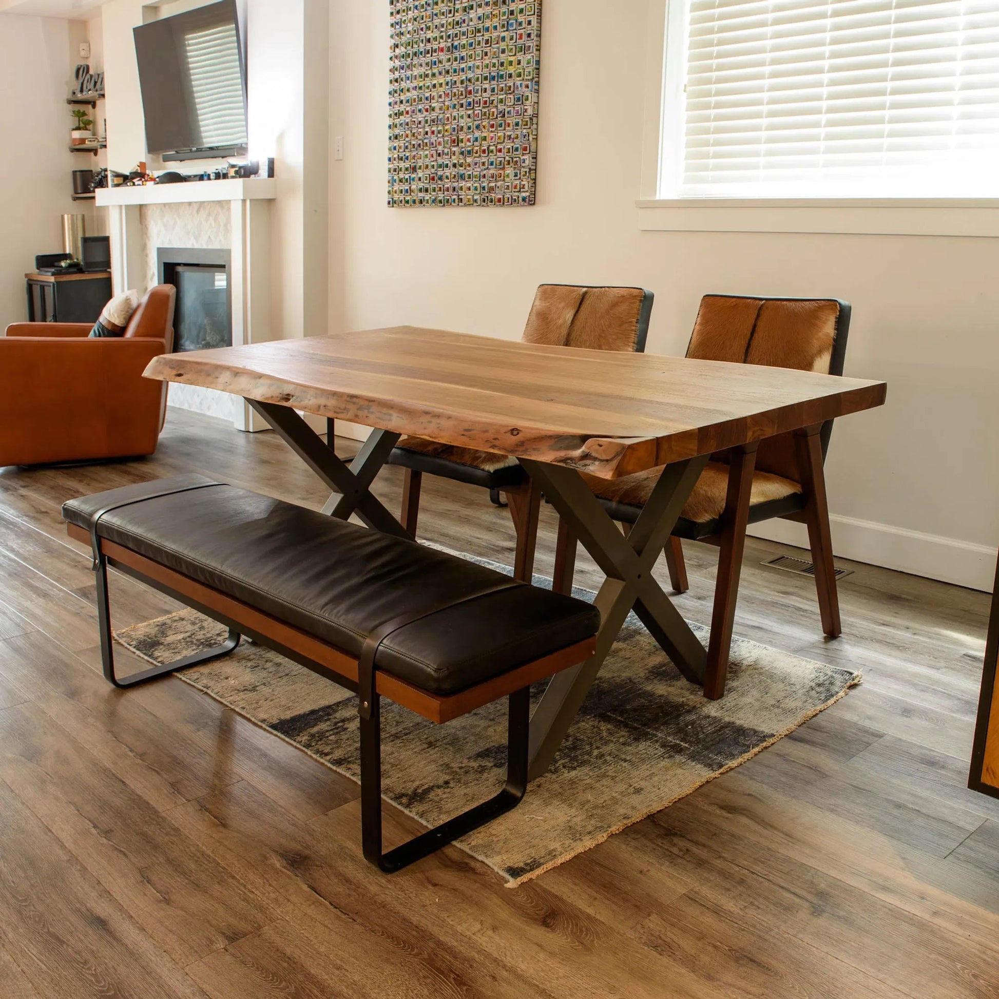 Brooklyn Dining Bench by LH Imports in black pu leather and java yellow, black power coated. Made from black pu leather in a rustic style.