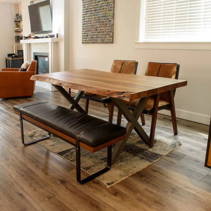 Brooklyn Dining Bench by LH Imports in black pu leather and java yellow, black power coated. Made from black pu leather in a rustic style.