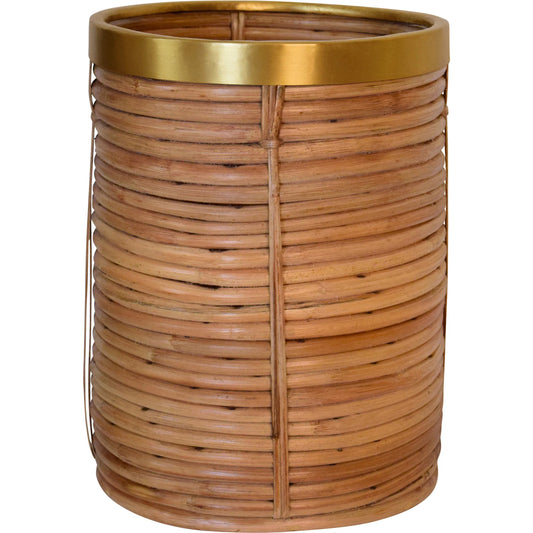 Brim Natural Rattan Waste Basket by Worlds Away in rattan, brass. Made from rattan, metal in a unique style.