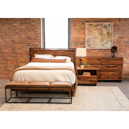 Elliston Reclaimed Wood Bed by World Interiors in brown, black and natural sheesham. Made from reclaimed iron sheesham wood in a unique style.