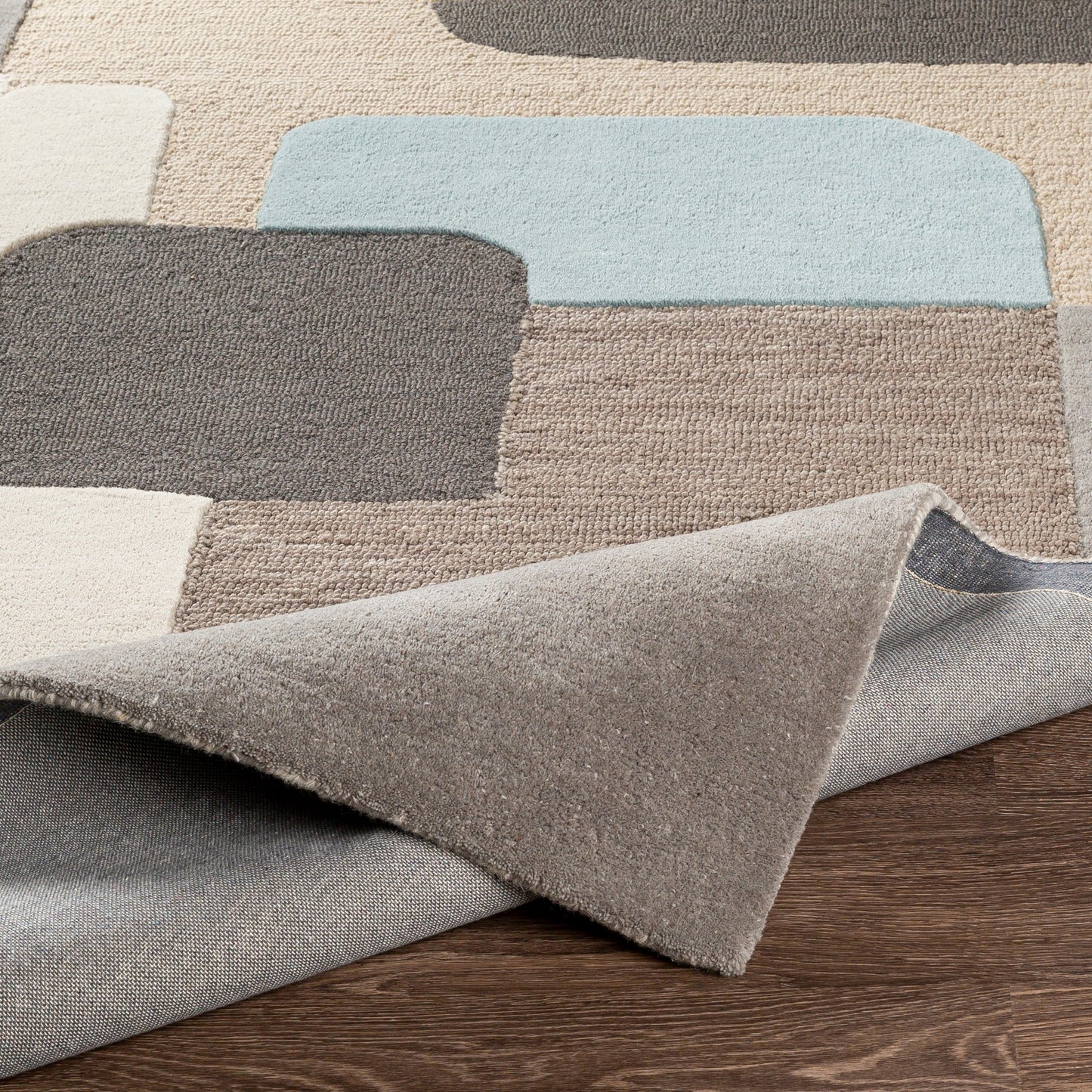 005 SR-879364,SR-879365,SR-879366,SR-879367 | Closeup | Brooklyn Rug - 26233 by Livabliss in yellow, beige, charcoal, pale blue, light beige. Made from 100% wool in a unique style.