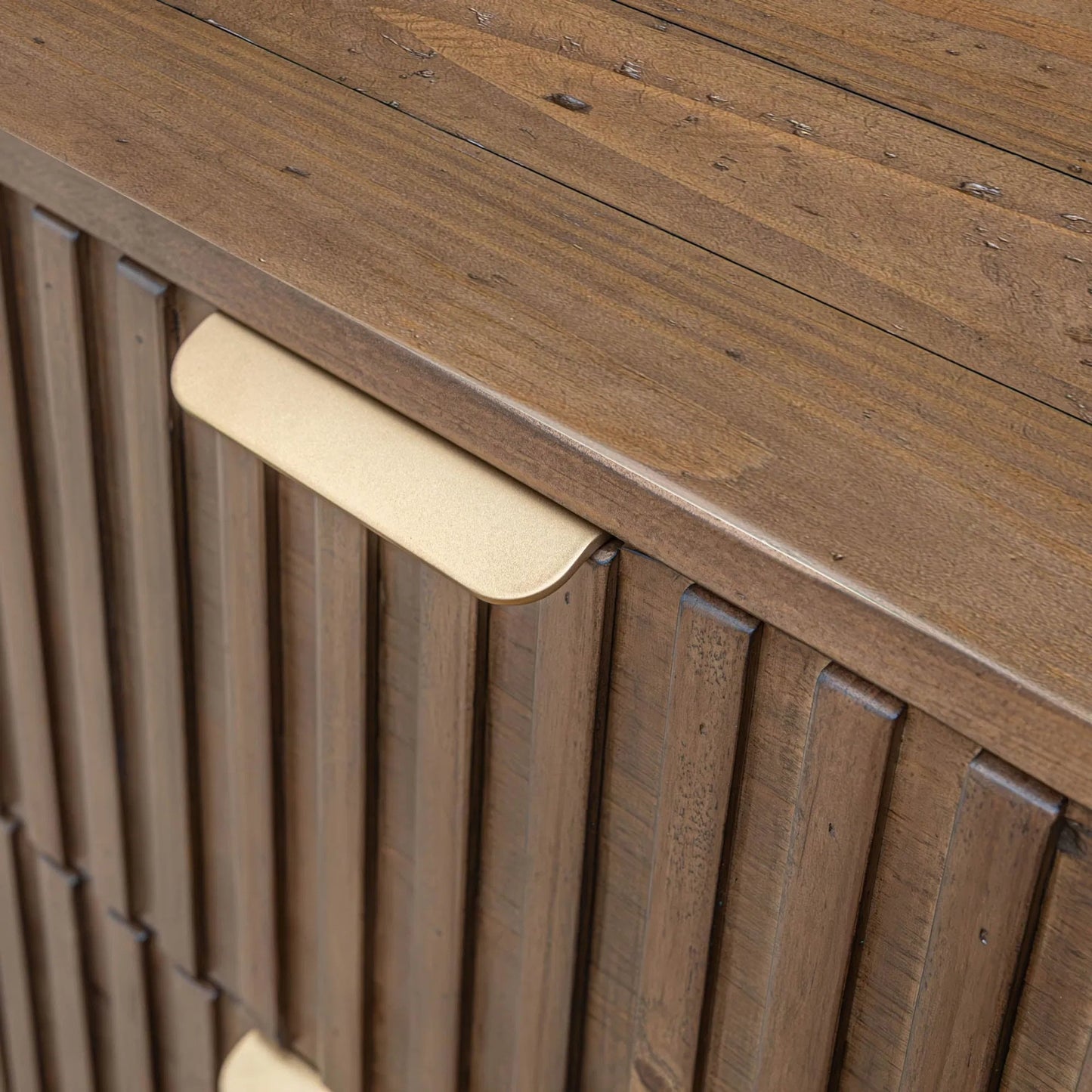 003 SI-2324979 | Closeup | Britanica 2-Drawer Nightstand by LH Imports in brown and brown, brass. Made from fsc reclaimed pine, brass handles in a transitional style.