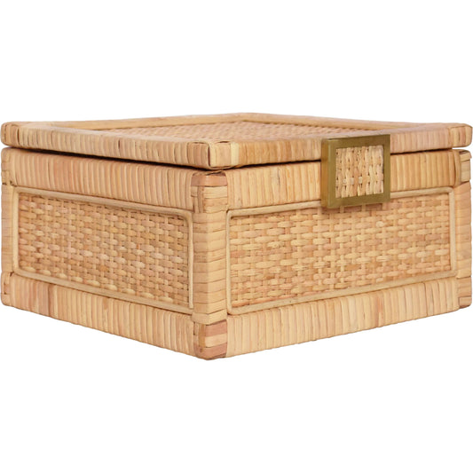 Bruno Natural Rattan Decorative Box by Worlds Away in brown. Made from natural rattan, brass in a rustic style.