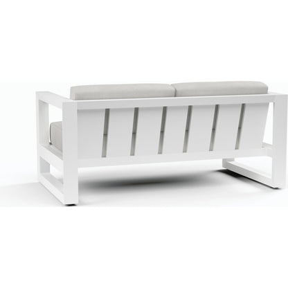Newport Outdoor Loveseat by Sunset West in frost. Made from aluminum in a modern style.