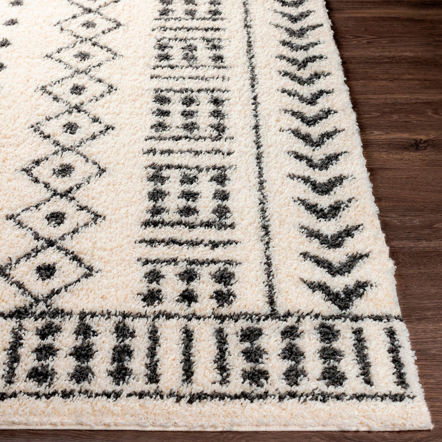 005 SR-893785,SR-893786,SR-893787 | Closeup | Beni BSH-2305 Shag Rug by Livabliss in black, cream. Made from 100% polypropylene in a traditional style.
