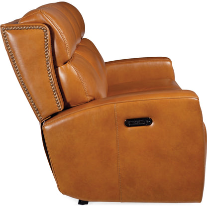 Ruthe Zerog Power Sofa by Hooker Furniture in salvo denim. Made from leather in a traditional style.