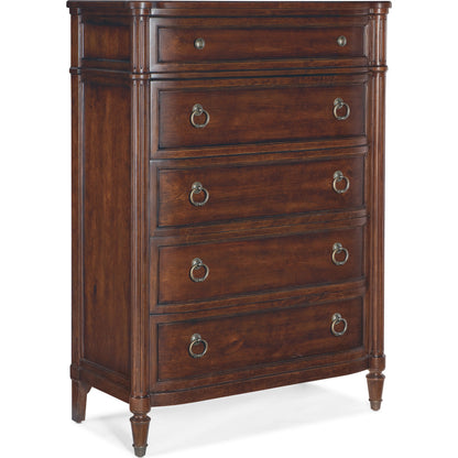 Charleston Five-Drawer Chest by Hooker Furniture. Made from cherry veneers, cedar, metal, solid-wood edge top in a transitional style.