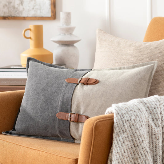 Branson Pillow - 34072 by Surya in medium gray, black. Made from 95% cotton, 5% leather, 100% cotton in a unique style.