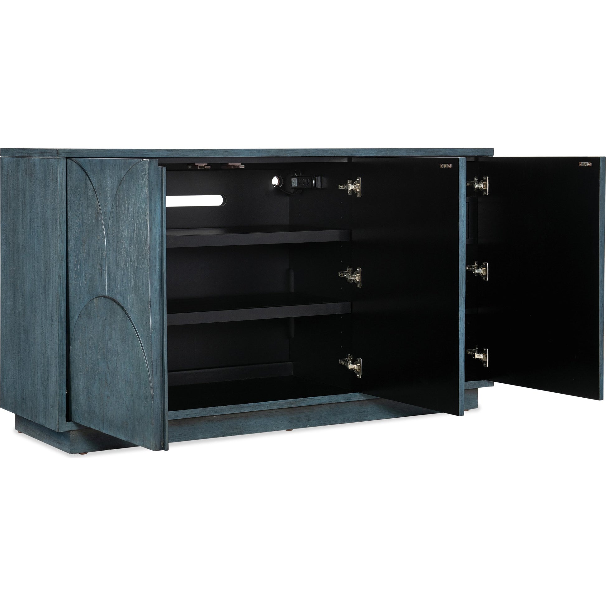 Melange Round Valley Three Door Entertainment Credenza by Hooker Furniture in blue. Made from oak veneers in a modern style.