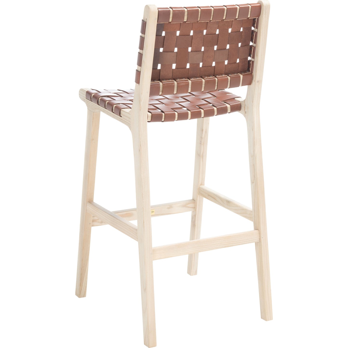 012 SI-1719358 | Closeup | Androscoggin Bar Stool by HedgeApple Essentials in cognac. Made from sungkai 4 cm leather in a modern style.