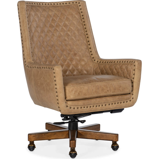 Kent Executive Swivel Tilt Chair by Hooker Furniture in venerando bisque and dark wood. Made from leather (aniline top grain) in a transitional style.