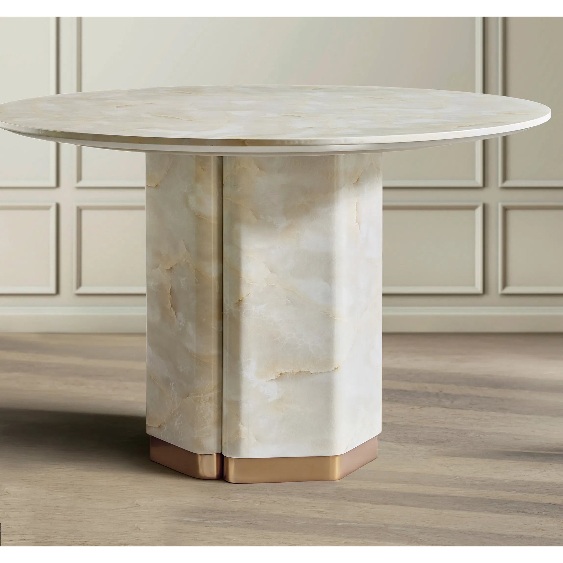 Eleana Round Dining Table by Hooker Furniture in faux onyx. Made from concrete, resin, metal in a modern style.