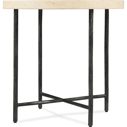 Driftwood Round Side Table by Hooker Furniture in gray. Made from leather, billows caramel (semi-aniline top grain), stone, metal in a modern style.