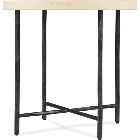 Driftwood Round Side Table by Hooker Furniture in gray. Made from leather, billows caramel (semi-aniline top grain), stone, metal in a modern style.