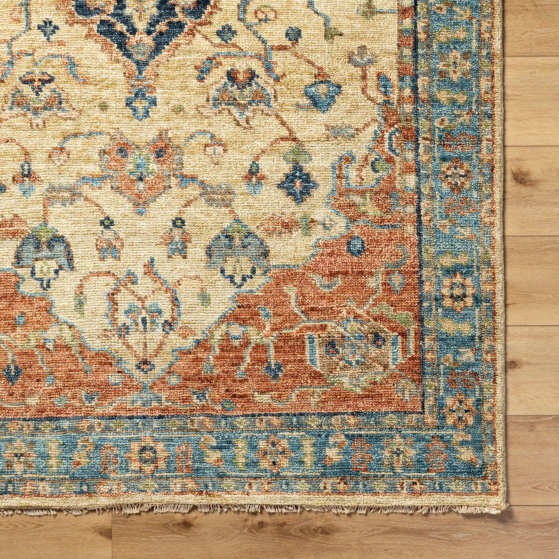 Biscayne Rug - 23597 by Surya in rust, aqua, ivory, grass green, brown. Made from 100% new zealand wool in a unique style.