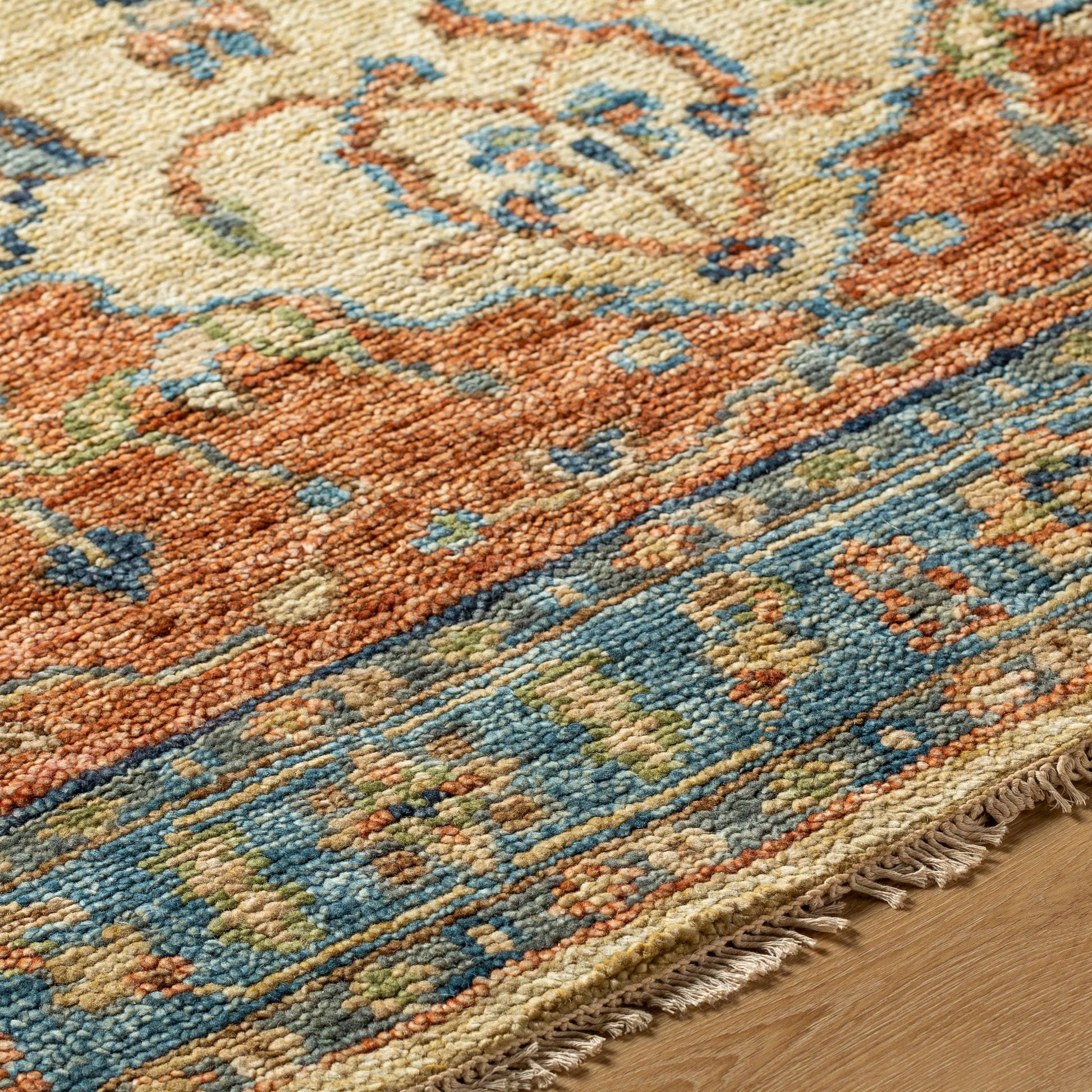 Biscayne Rug - 23597 by Surya in rust, aqua, ivory, grass green, brown. Made from 100% new zealand wool in a unique style.