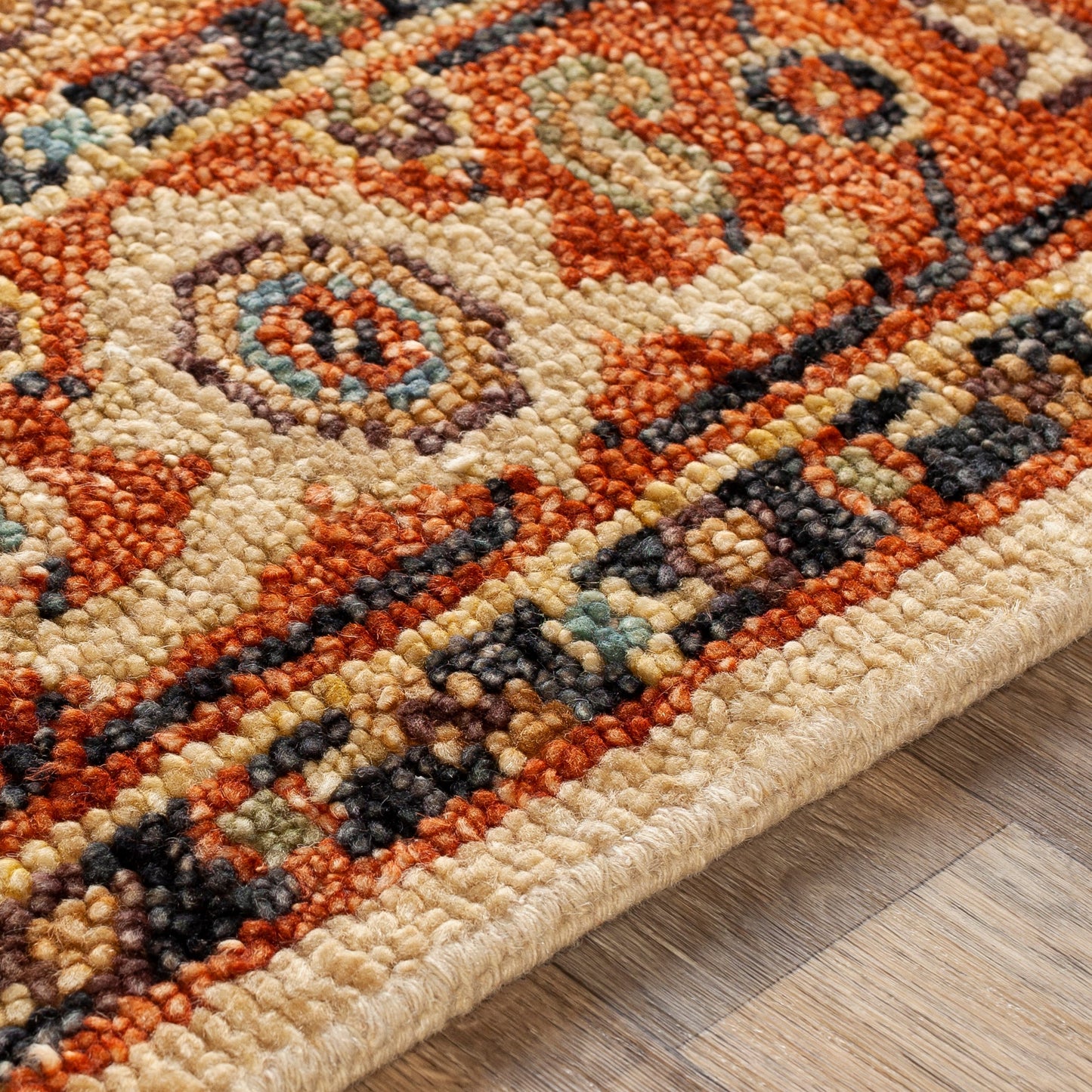003 SI-1877790,SI-1877791,SI-1877794 | Closeup | Biscayne BSY-2301 Rug by Surya in aqua, ink blue, tan, rust, ivory. Made from 100% new zealand wool in a unique style.