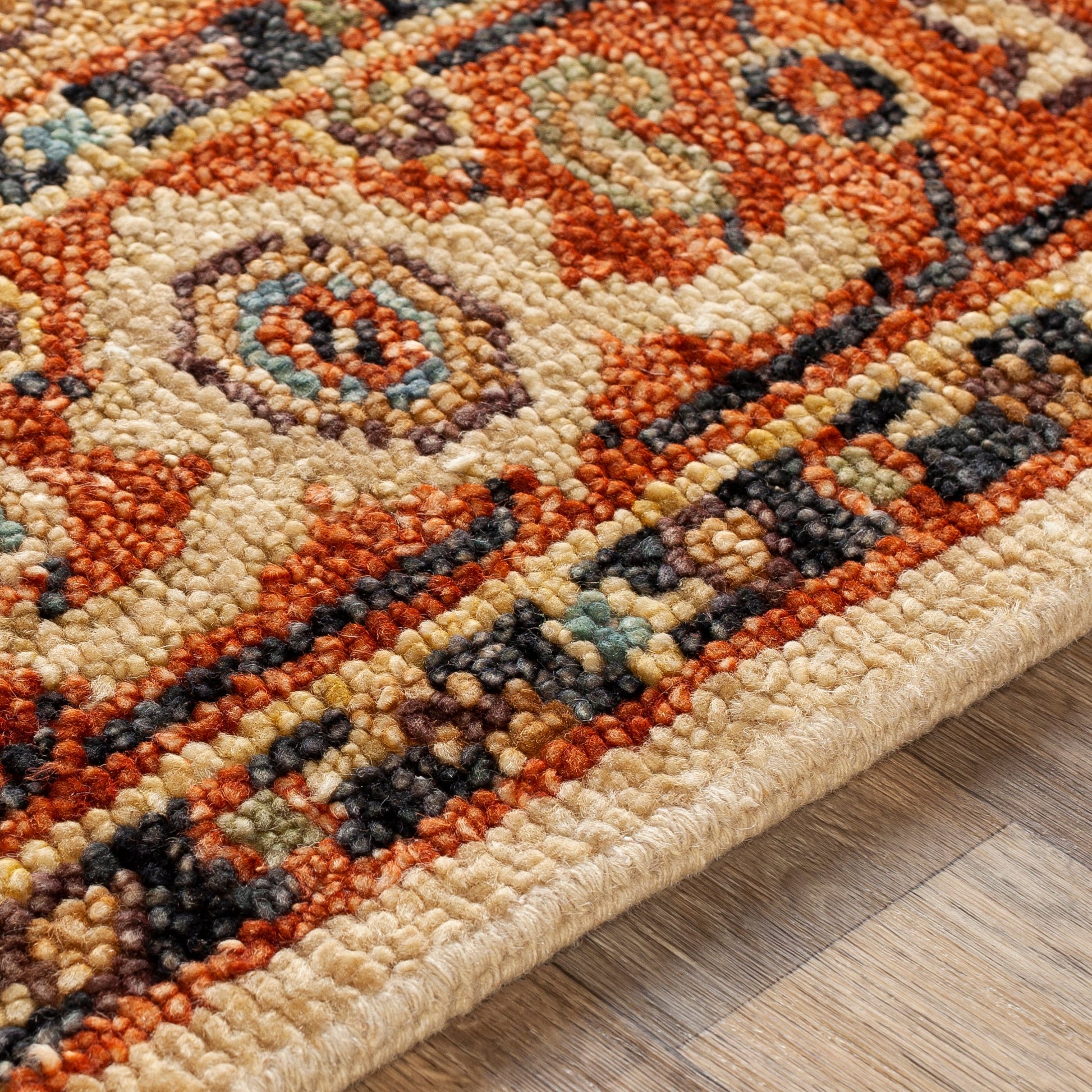 Biscayne BSY-2301 Rug by Surya in aqua, ink blue, tan, rust, ivory. Made from 100% new zealand wool in a unique style.