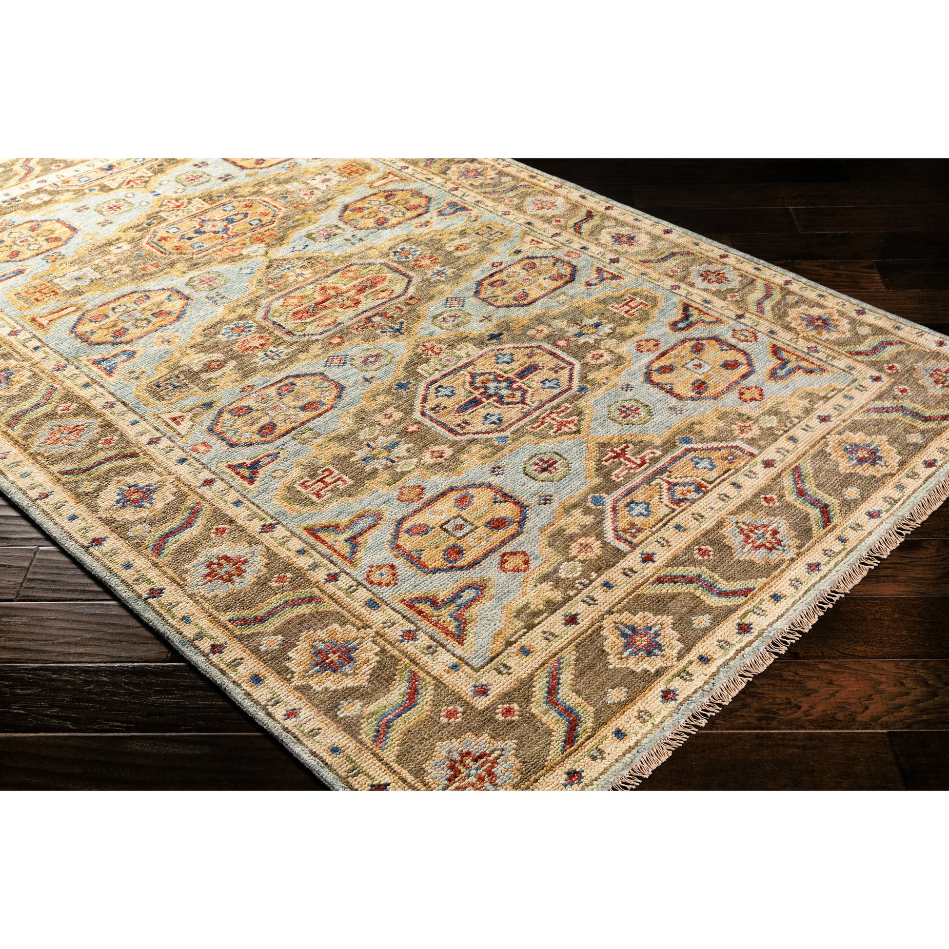 Biscayne Rug - 23599 by Surya in aqua, bright yellow, rust, ivory, blue, olive. Made from 100% new zealand wool in a unique style.