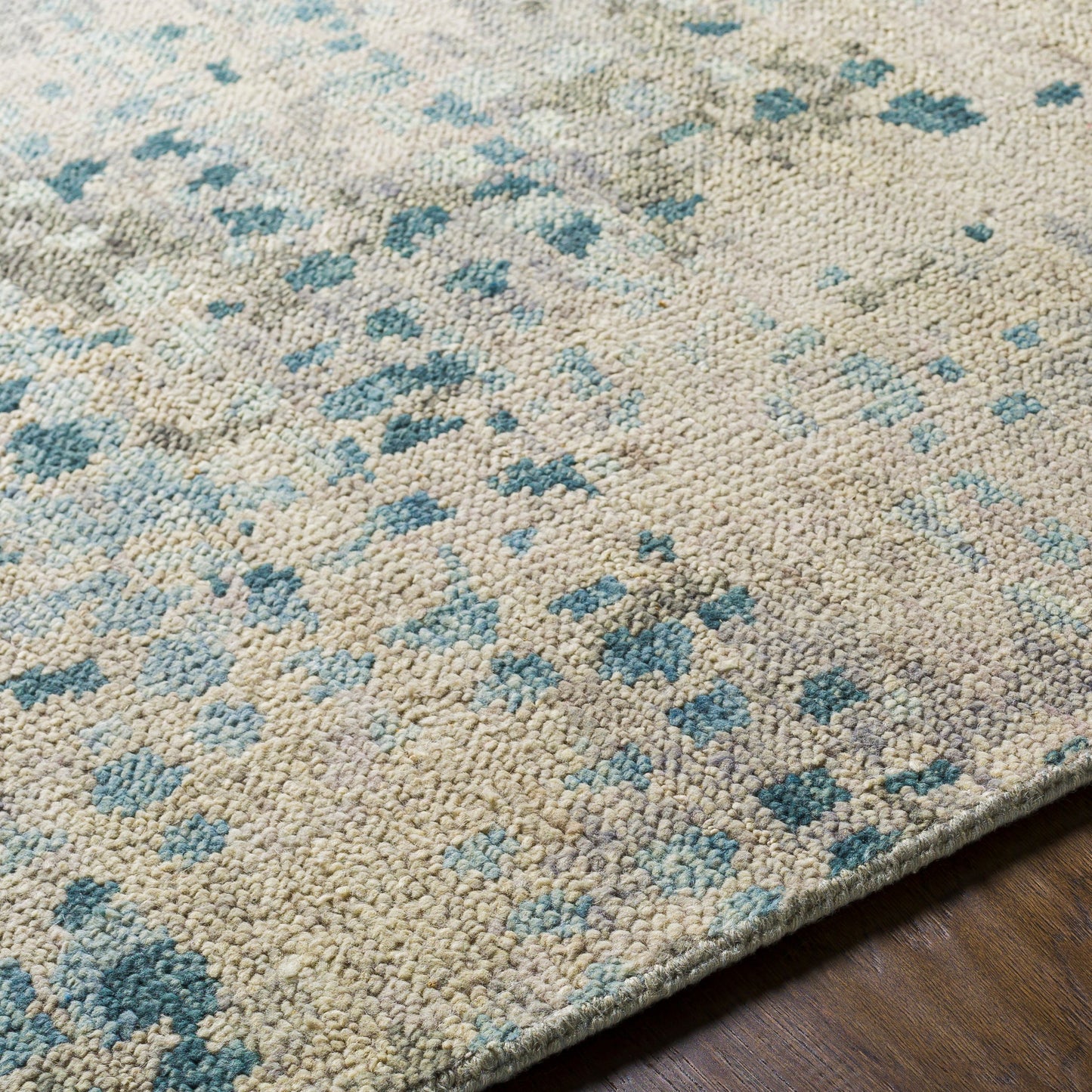 005 SI-1877810,SI-1877811,SI-1877812,SI-1877813,SI-1877814 | Closeup | Biscayne Rug by Surya in deep teal, sage, medium green, dusty sage, charcoal. Made from 100% new zealand wool in a modern style.