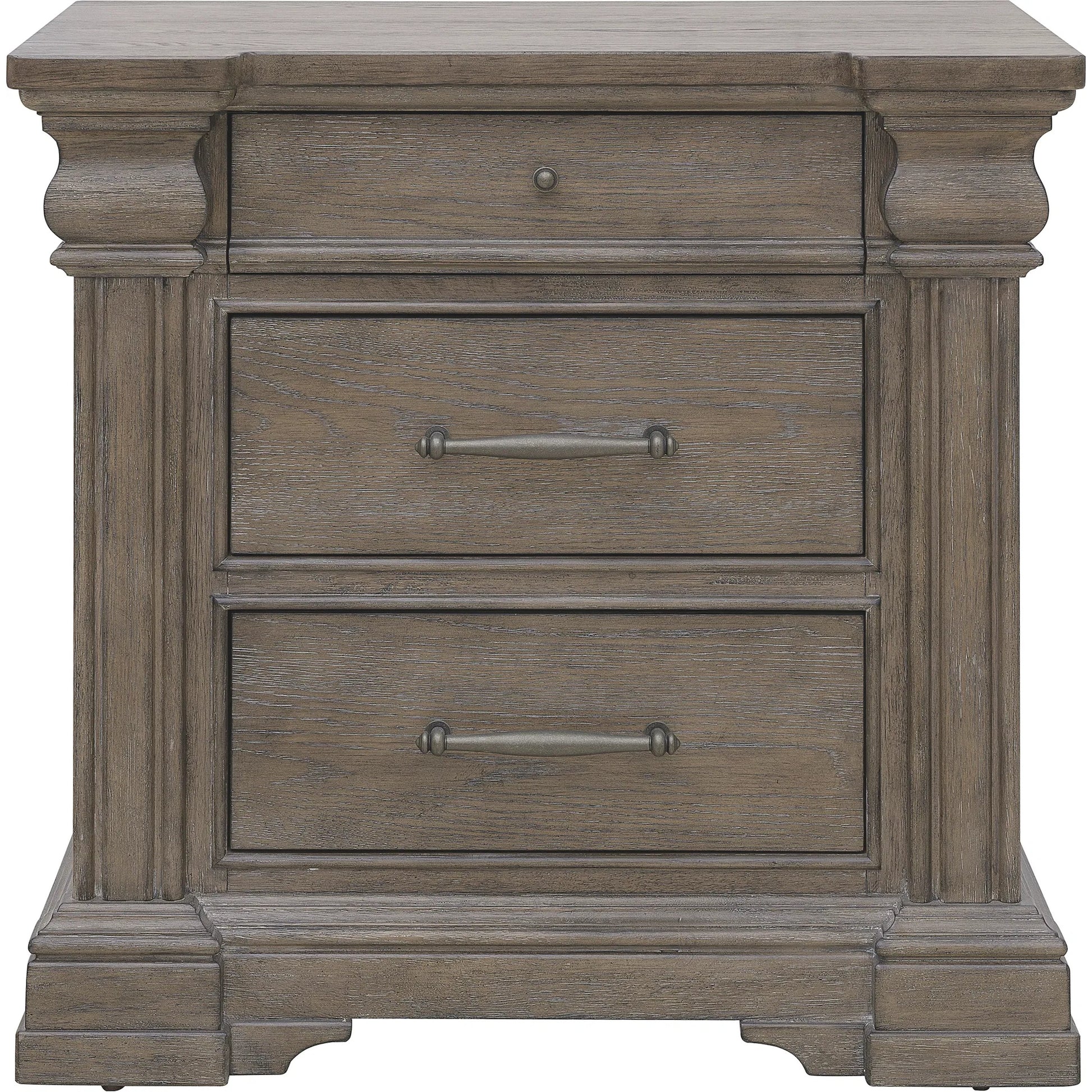 Madison Ridge 3 Drawer Nightstand by Pulaski Furniture in natural bark. Made from flat-cut white oak wood veneers in a unique style.