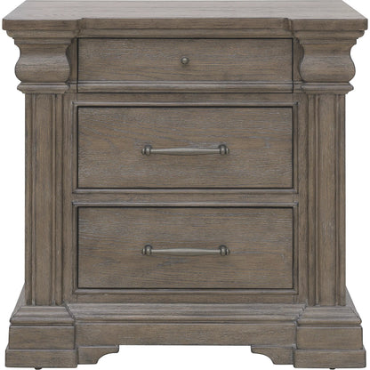 Madison Ridge 3 Drawer Nightstand by Pulaski Furniture in natural bark. Made from flat-cut white oak wood veneers in a unique style.