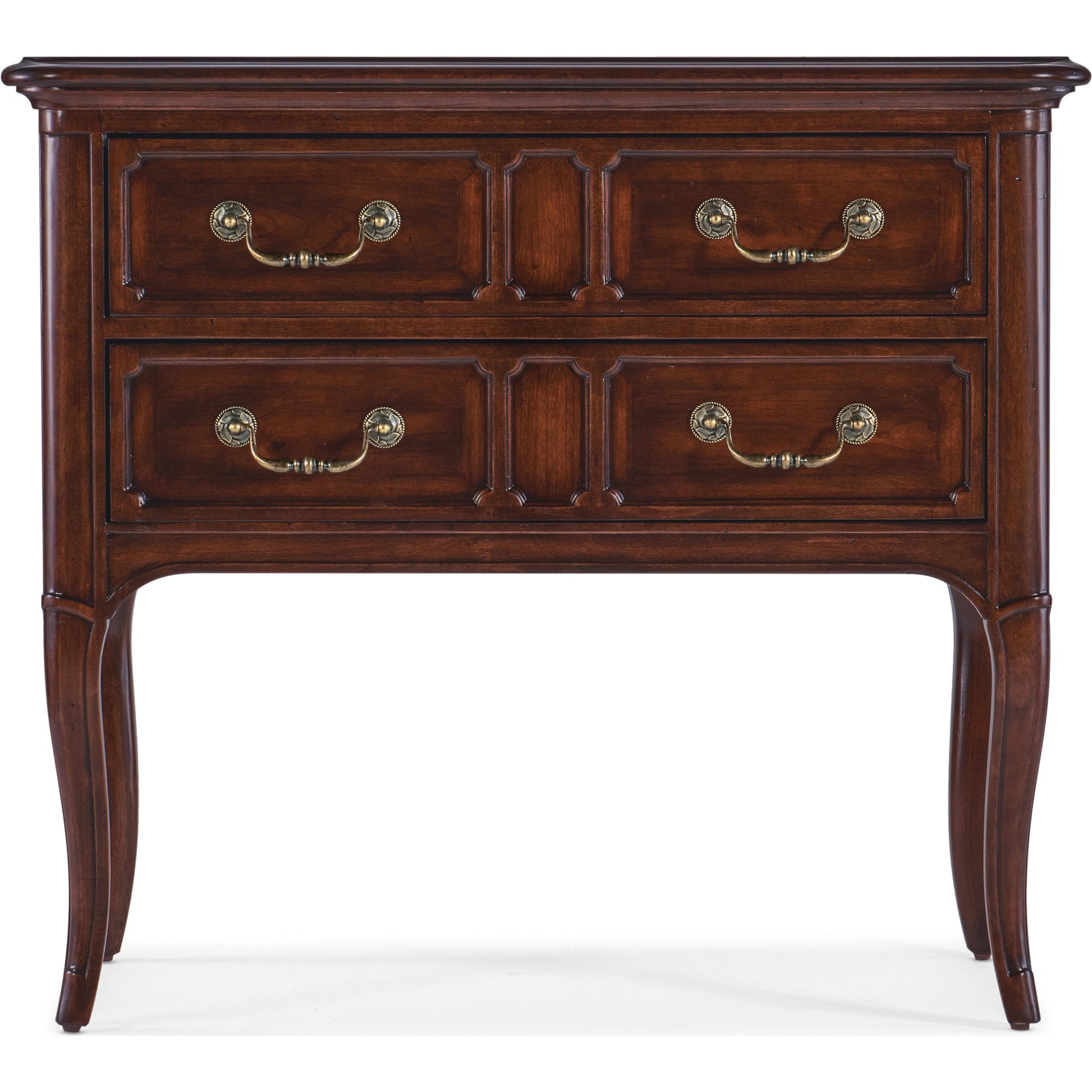 Charleston Two-Drawer Nightstand by Hooker Furniture in black cherry. Made from cherry veneers with solid-wood edge top in a transitional style.