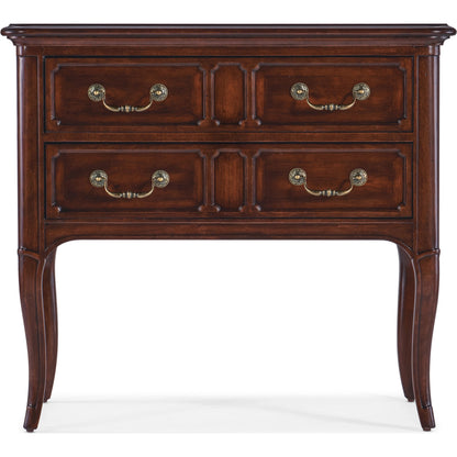 Charleston Two-Drawer Nightstand by Hooker Furniture in black cherry. Made from cherry veneers with solid-wood edge top in a transitional style.