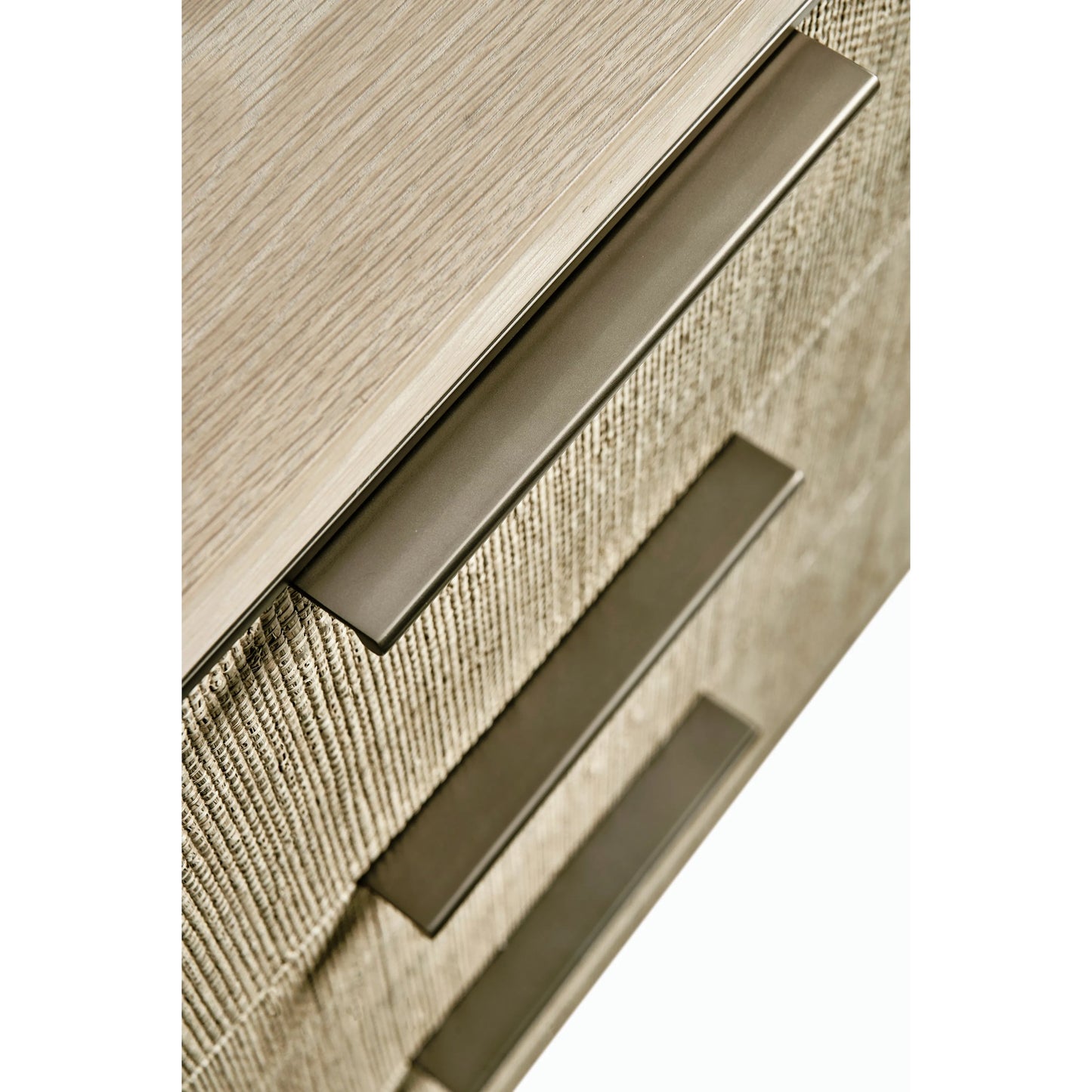 007 SI-2186254 | Closeup | Water Seiche Woven Night Stand by Jonathan Charles in bleached oak. Made from oak, grass cloth, brass in a unique style.