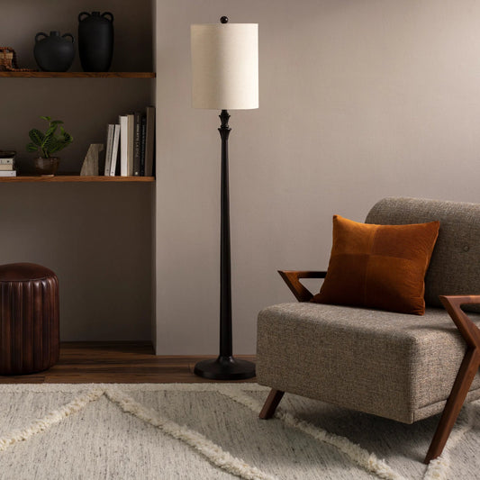 Bettiny Floor Lamp- 31877 by Livabliss in black. Made from shade (outside): linen, shade (inside): polyester, finial: plastic, harp: metal in a traditional style.