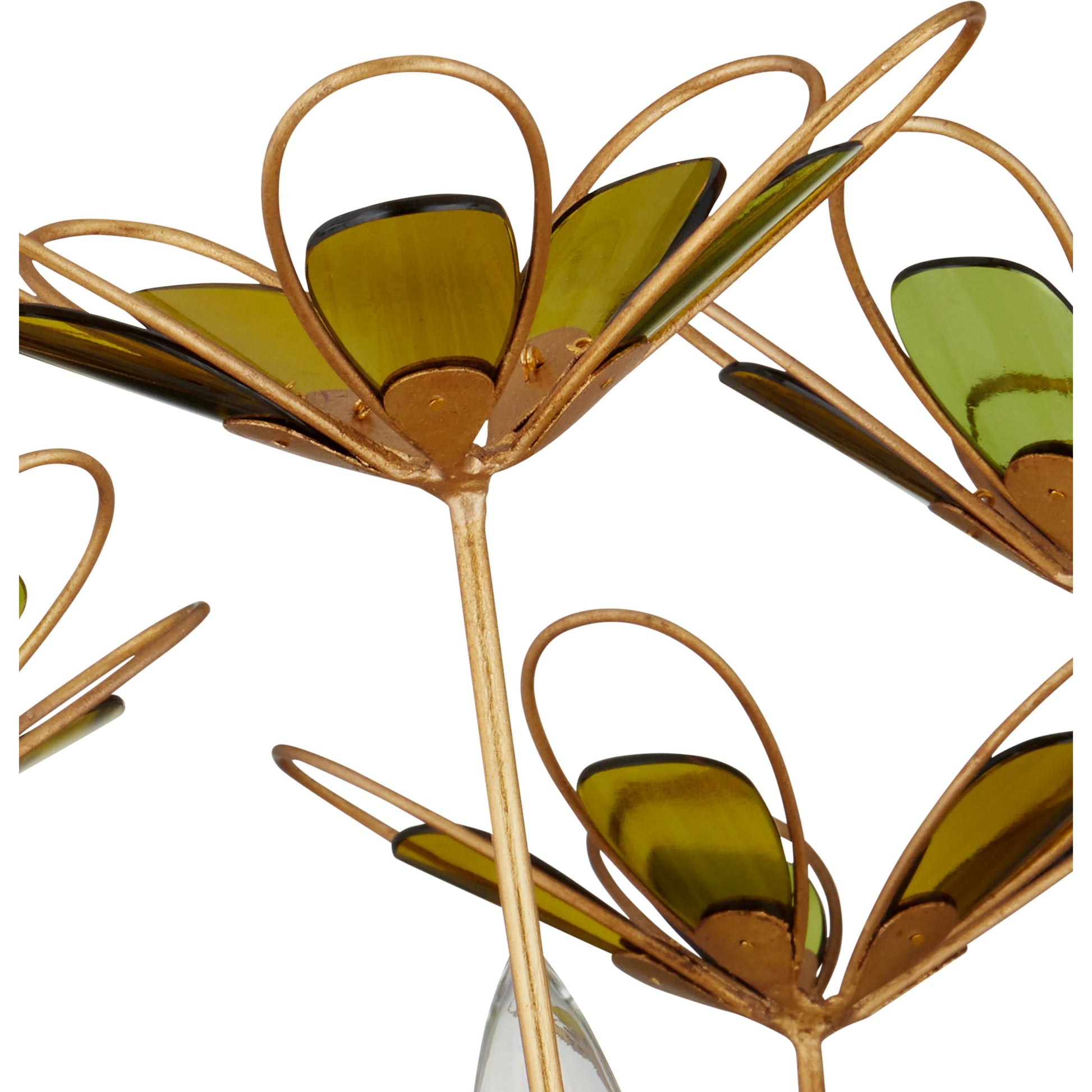 Midsummer Chandelier by Currey and Company in contemporary gold leaf, contemporary gold, green. Made from wrought iron, recycled bottle glass in a modern style.