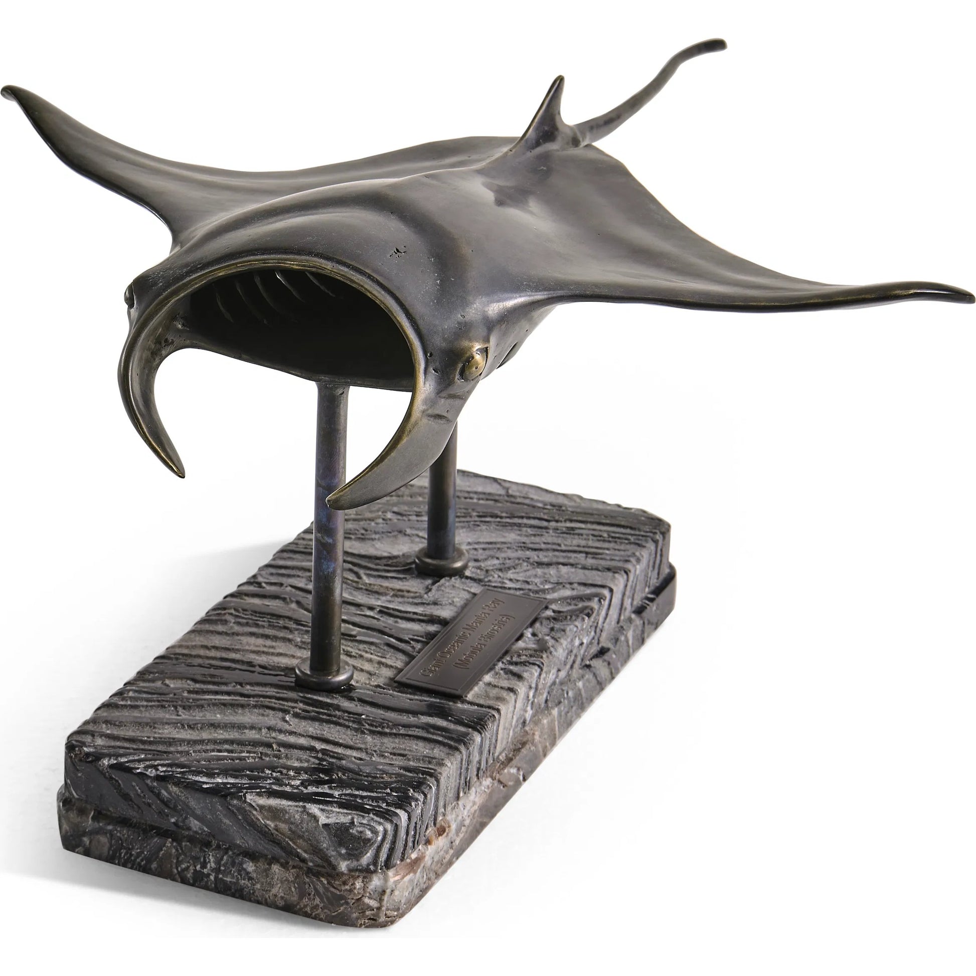 Manta Ray Bronze Statue with Marble Base by Jonathan Charles in dark rustic waxed bronze. Made from main brass in a unique style.