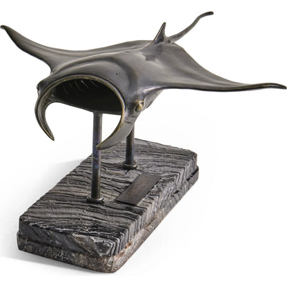 Manta Ray Bronze Statue with Marble Base by Jonathan Charles in dark rustic waxed bronze. Made from main brass in a unique style.